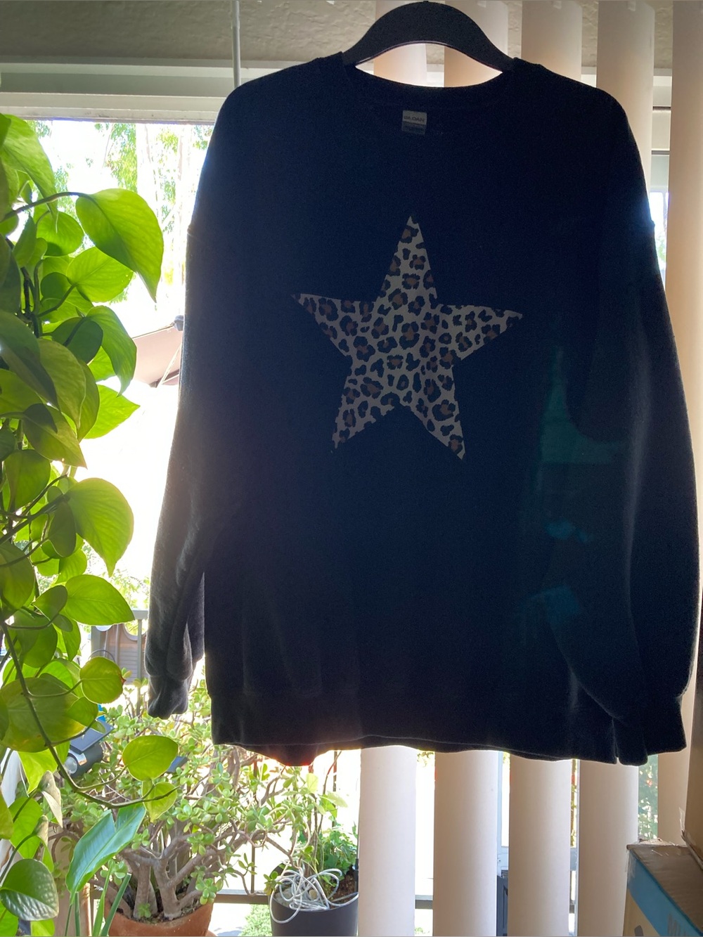 Black Women's Sweatshirt with Leopard Star Accent